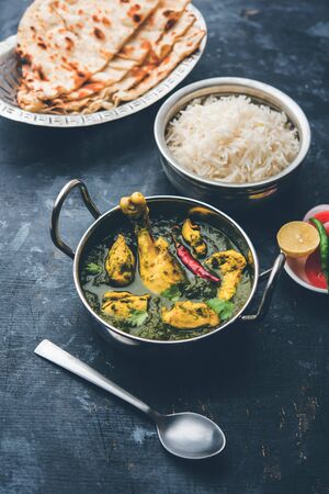 Palak/spinach chicken or Murg Saagwala with naan and riceの写真素材