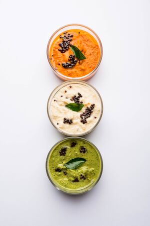 Tricolour or Tiranga Chutney served in bowls, south Indian recipeの写真素材