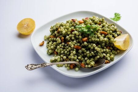 Hariyali sabudana khichdi is a delicious twist to the regular Sago khichadi made using cilantro , chillies and groundnutsの写真素材