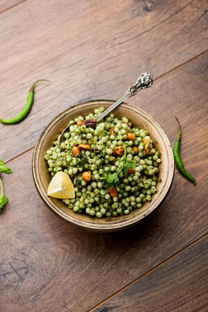 Hariyali sabudana khichdi is a delicious twist to the regular Sago khichadi made using cilantro , chillies and groundnutsの写真素材