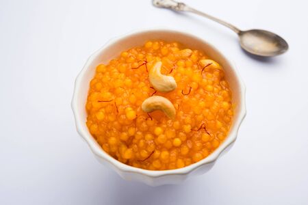 Sabudana or Sago Kesari dessert for Vrat Upvas also known as Sweetened Tapioca Pearl. served in a bowl. selective focusの写真素材
