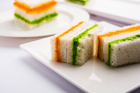 Tricolor Tiranga sandwich with orange and green chutney perfect picture for Indian republic / independence day greetingの写真素材