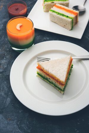 Tricolor Tiranga sandwich with orange and green chutney perfect picture for Indian republic / independence day greetingの写真素材