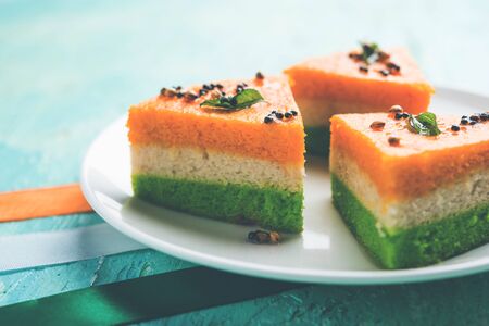 Tri-coloured / tiranga  khaman Dhokla for Independence/republic Day celebration using Indian Flag coloursの写真素材