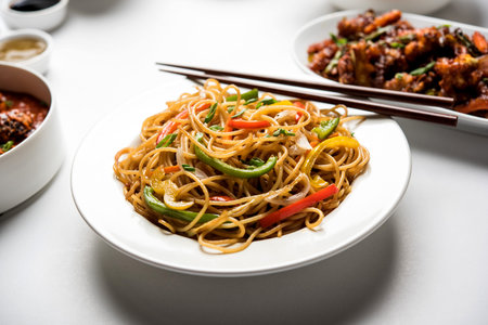 Assorted Indo chinese dishes in group includes Schezwan/Szechuan hakka noodles, veg fried rice, veg...