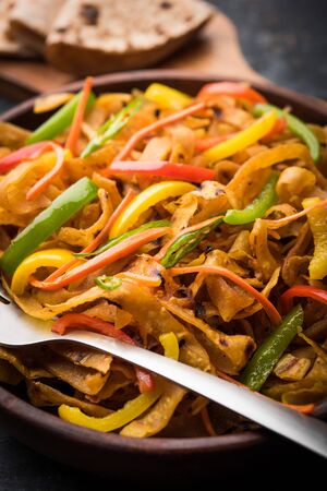 Leftover Chapati noodles also known as fodnichi holi or Upma is a great substitute for traditional unhealthy noodles for kids, selective focusの写真素材