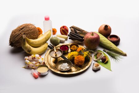 Pooja Material / Puja Sahitya in Hindu Religion from India, arranged in a group. selective focusの写真素材