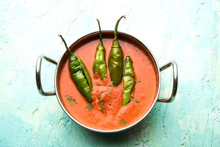 Hyderabadi mirch/mirchi ka Salan or green chilly sabzi or curry. Main course recipe from India.  Selective focusの写真素材