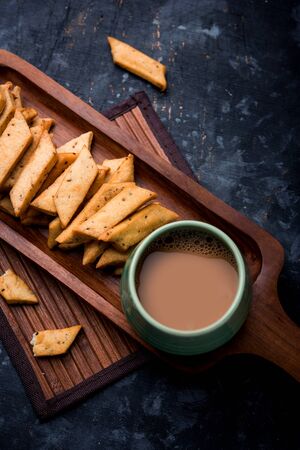 Namakpare or Salty Shakarpara/shakarpare or namkeen Shankarpali, popular diwali food or tea-time snack from Gujarat, Indiaの写真素材