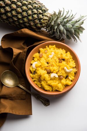 Pineapple sheera or Halwa also known as Ananas keshri shira. Popular South Indian Dessert recipe. selective focusの写真素材