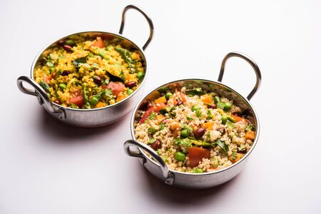 Broken wheat or Daliya Upma, served in wok bowl. selective focusの写真素材