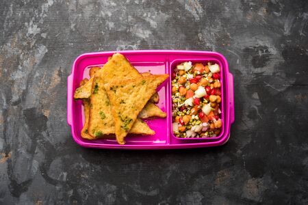 Lunch Box / Tiffin for Indian kids, includes bread Omelette pakora with  sproutsの写真素材