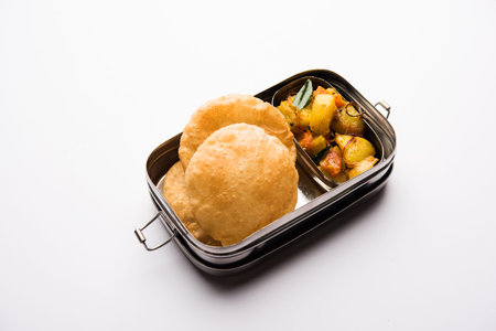 Lunch Box / Tiffin for Indian kids, includes hot poori/puri with potato / aloo sabzi