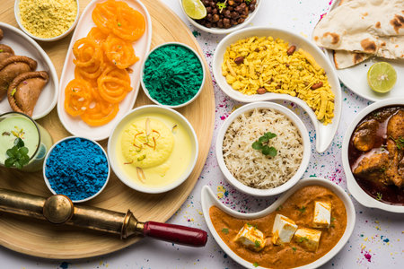 Happy Holy concept  showing Indian assorted lunch food like chicken, paneer butter masala, naan, jeera rice, black chana fry, jalebi, fujiyama, thandai and Farsan with holi colours and pichkariの写真素材