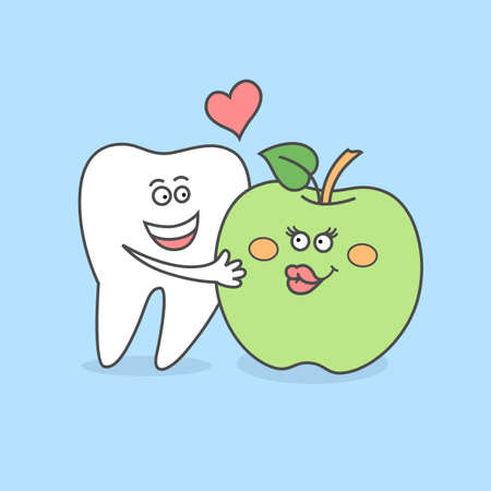 Tooth with a green apple. Good habits for your teeth. Dental care concept or icon. Cartoon funny vector illustration. Dentistry poster.のイラスト素材
