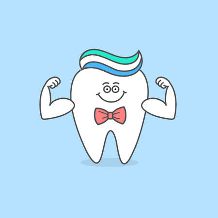 Cartoon tooth with toothpaste and bow tie on blue background. Strong cartoon tooth with muscles. Dental care icon. Healthy teeth. Dental illustration for kids.のイラスト素材