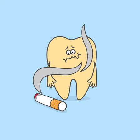 Cartoon tooth with cigarette. Yellowing teeth and other discoloration. Dental care concept.のイラスト素材