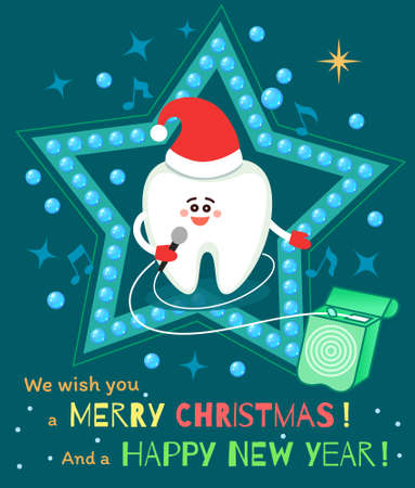 Singing cartoon tooth in Santa hat with dental floss. Merry Christmas and Happy New Year! Greeting card, poster from dentistry.のイラスト素材