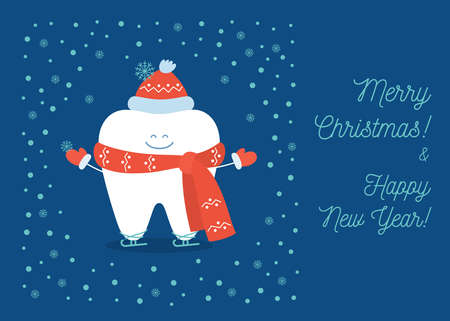 Smiling Tooth is wearing in a red hat, scarf, gloves and skates illustration of winter fun. Christmas greeting card from a dentist to his clients.のイラスト素材