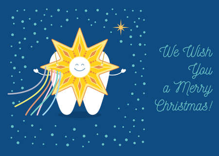 Smiling Tooth is dressing in Christmas Star costume with ribbons comet tail. Christmas greeting card from a dentist to his clients.のイラスト素材