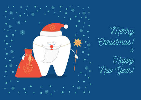 Cartoon tooth in Santa Claus hat holding a sack full of gifts. Christmas greeting card from a dentist.のイラスト素材