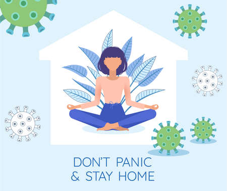 Don't panic, stay home. Woman meditating in plant leaves. Girl in lotus pose practicing yoga. Self-isolation, quarantine in order to prevent spreading coronavirus, Covid-19.のイラスト素材