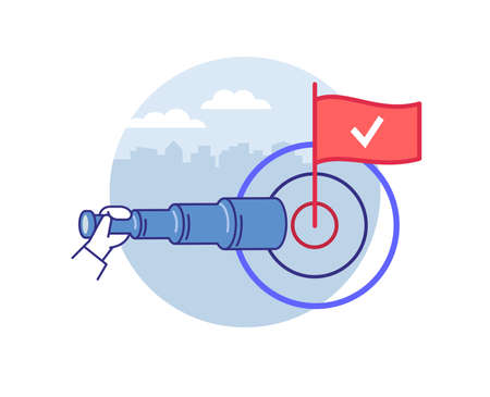 A hand keeps telescope pointed on a target marked with a flag on the cityscape background. Concept of vision, exploration, to seek niches on the market.のイラスト素材