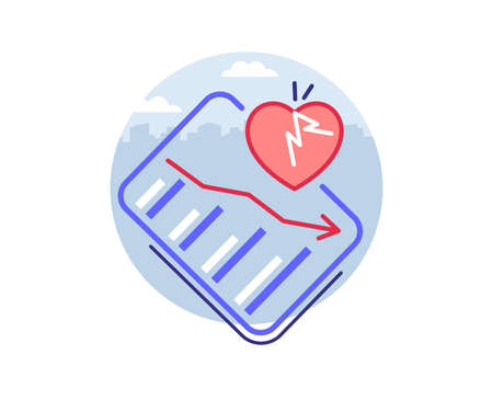 Graph arrow falling and heart cracked. The concept of disillusion, disappointing because of discovering the truth. Statistic graph turned, caused arrow sloping down.のイラスト素材