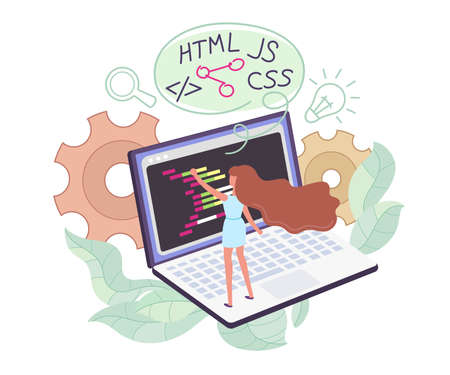 Web development. Website programming and coding. The woman is working on the backend in IDE on a laptop. Faceless flat concept illustration of creating a web page with floral elements and gears.のイラスト素材