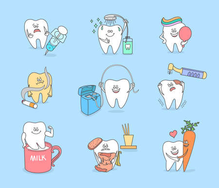 Set, collection of dental illustrations. Cartoon tooth with different objects: syringe, mouthwash, mirror, cigarette, floss, drill, milk, toothpicks, carrot. Oral health, teeth care for dentistry.のイラスト素材