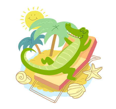 Crocodile sunbathing on a sunbed under palms. Smiling cartoon alligator on summer vacation at sea. Summer vacation t-shirt illustration. Cartoon style.のイラスト素材