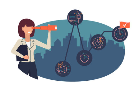 Business analytics concept. Woman watching spyglass. Hype cycle illustration. Predicting sales opportunities. Sales Forecasting.のイラスト素材