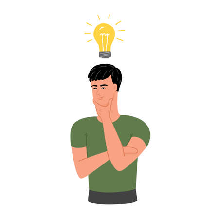 Man with a light bulb. Thinking, coming up with the idea, creating a new solution. Vector illustration.のイラスト素材