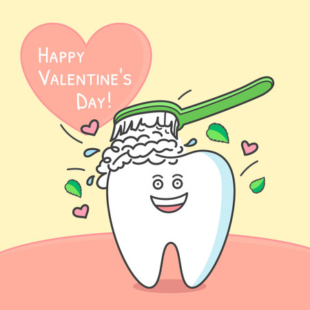 Valentine's day card. cartoon tooth. Dental illustration of brushing teeth. greetings from...