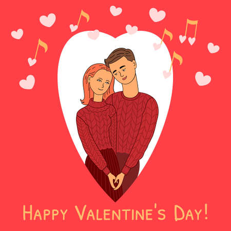 Valentine's Day greeting card. couple in love. Man and woman hugging in heart shape.のイラスト素材