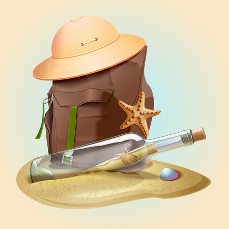 Travel vector icon. Vintage camping backpack, hat and message in bottle.のイラスト素材