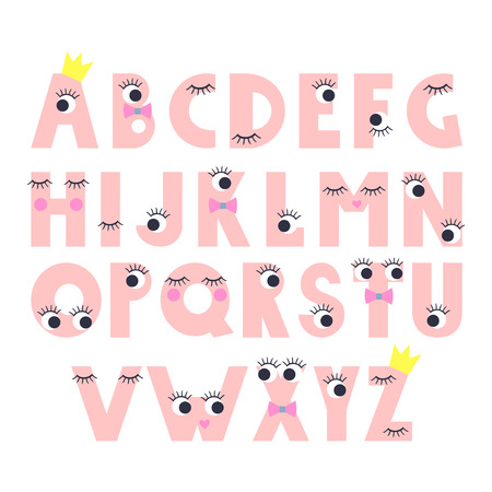 Cute abstract alphabet with cartoon eyes with lashes on white background.のイラスト素材