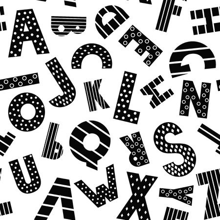 Black and white cartoon alphabet seamless pattern on white background. Cute abc design for book cover, fabric, decor, print on baby's clothes, pillow etc. Decorative letters composition.のイラスト素材