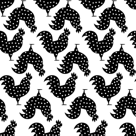 Black and white rooster. Seamless decorative pattern background with roosters. Symbol of 2017 year. Black and white rooster texture with dots.のイラスト素材