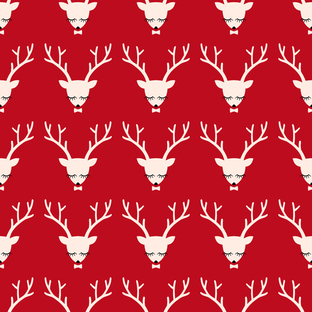 Xmas deer head silhouette seamless pattern. Cute deer with bow background for Christmas holidays. Xmas deer Illustration. Animal head texture. Design for textile, wallpaper, web, fabric, decor etc.のイラスト素材