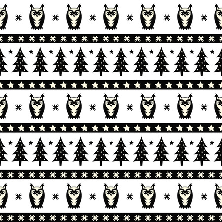 Black and white winter forest pattern - Xmas trees, owls and snowflakes. Simple seamless xmas background. Vector design for winter holidays. Design for textile, wallpaper, web, fabric and decor.のイラスト素材