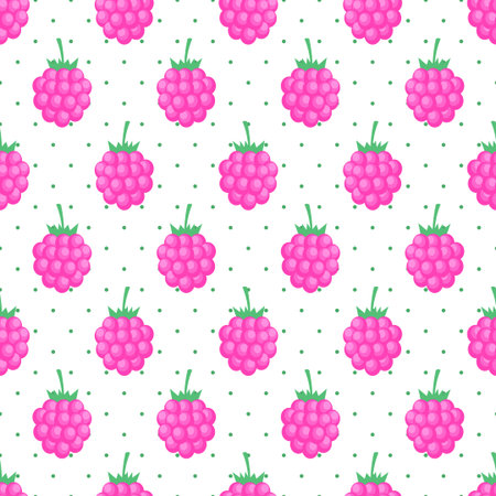 Seamless background with pink raspberry. Cute vector raspberry pattern. Summer fruit illustration on...