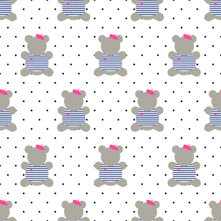 Teddy bear seamless pattern. Cute cartoon french style dressed teddy bear vector illustration on polka dots background. Fashion design for textile, wallpaper, web, fabric, decor etc.のイラスト素材
