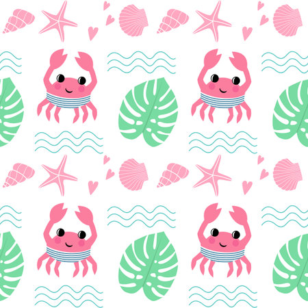Cartoon crab with  shell, palm leaf, wave and starfish seamless pattern. Marine life character vector illustration. Summer design for textile, wallpaper, fabric, decor. Child drawing style background.のイラスト素材