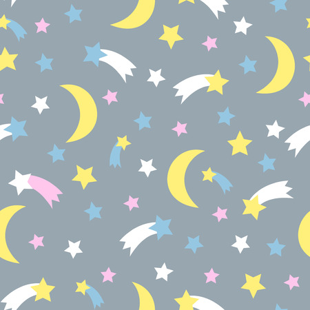 Starry sky seamless pattern. Child drawing style background with stars, comet, moon, meteorite.のイラスト素材