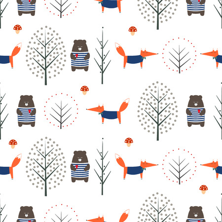 Fox, bear, autumn trees and mushroom seamless pattern on white background. Cute scandinavian style nature illustration. Autumn forest with animals design for textile, wallpaper, fabric.のイラスト素材