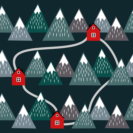 Cute Icelandic landscape with houses and mountains. Seamless pattern with geometric snowy mountains and homes. Colorful Iceland nature illustration. Vector mountains background.のイラスト素材