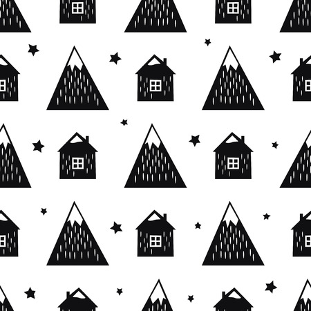 Black and white nordic mountains, houses and stars. Seamless pattern with geometric snowy mountains and homes. Simple scandinavian nature illustration. Vector mountains background.のイラスト素材