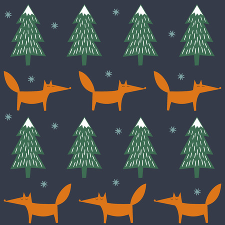 Fox, xmas trees and snowflakes seamless pattern on dark blue background. Cute cartoon forest background. Simple vector winter holidays design for textile, wallpaper, wrapping paper, fabric, decor.のイラスト素材