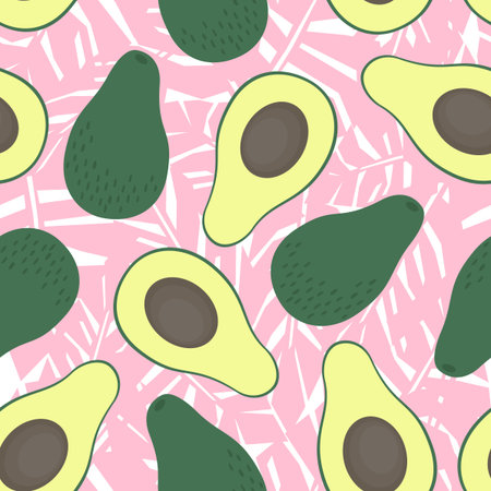 Avocado seamless pattern with pink tropical leaves on white background. Cute nature vector...